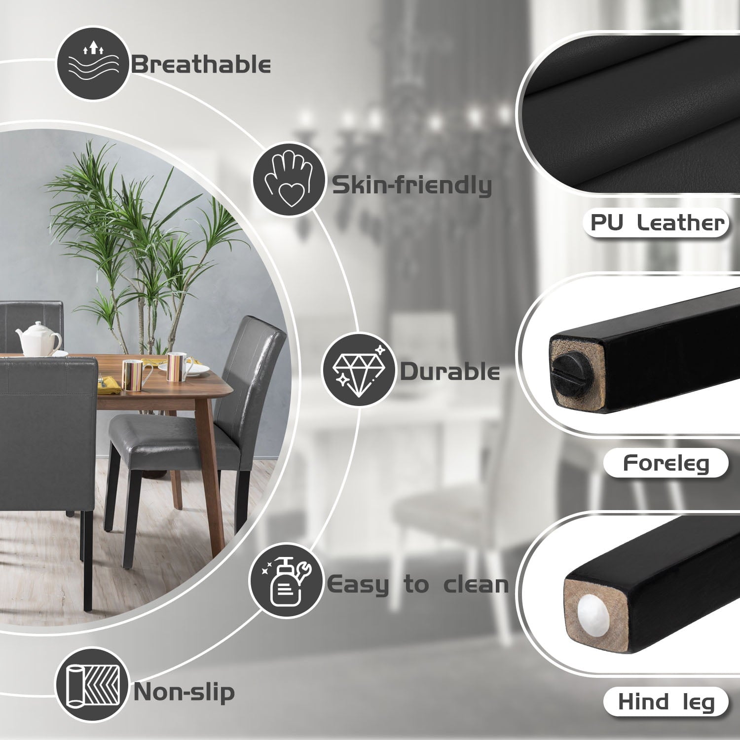 Lacoo Set of 4 Urban Style PU Leather Dining Chairs with Wood Legs, Black - UZIS Sports