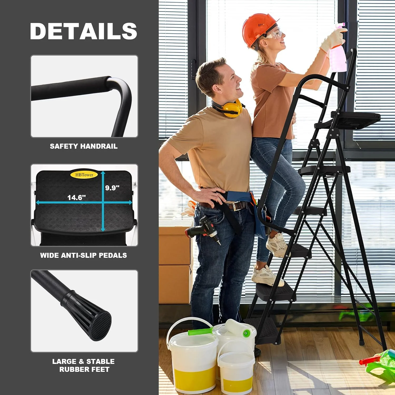 HBTower Folding 5-Step Ladder, 330lbs, with Handrails and Tool Tray and Anti-Slip Pedal, Black - UZIS Sports