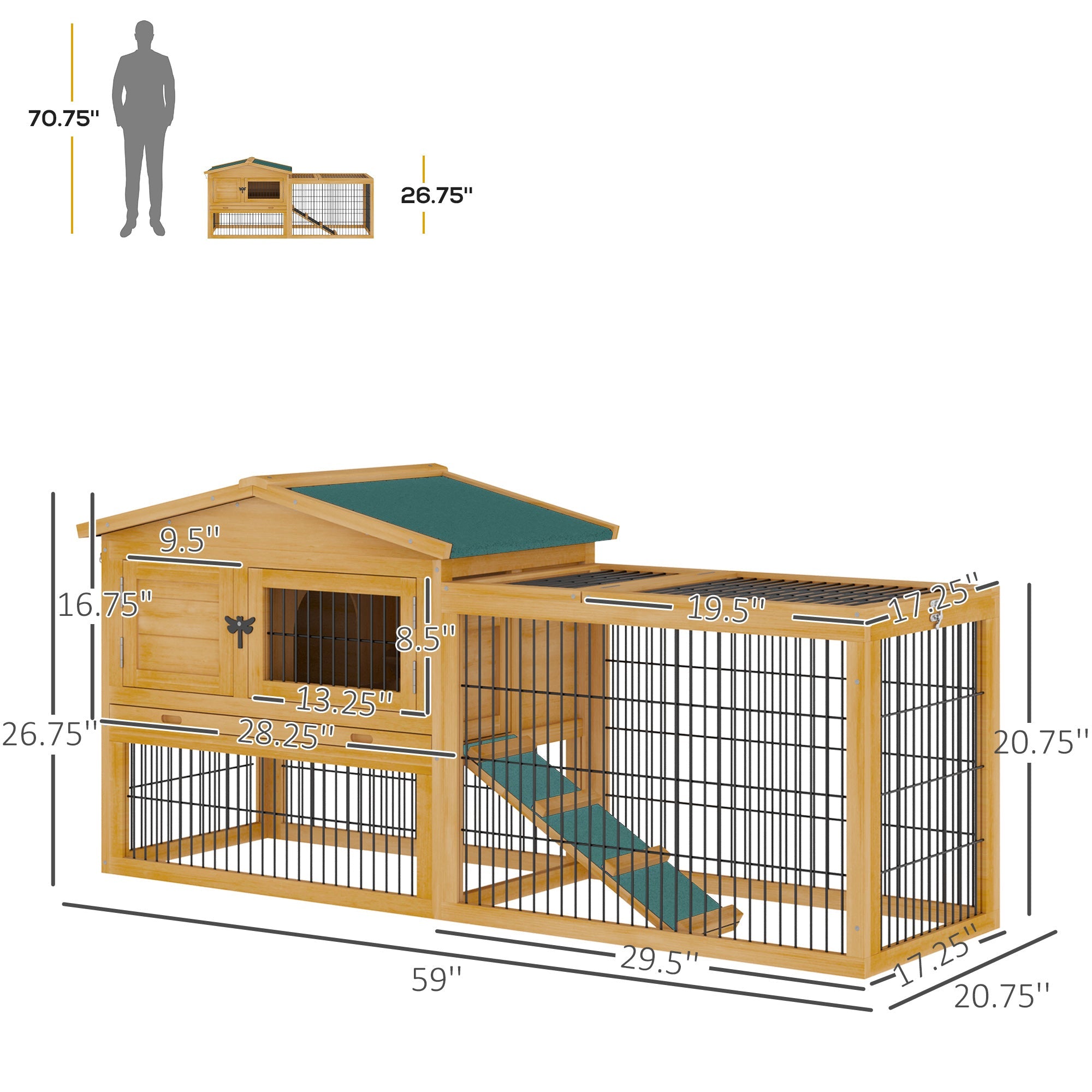 Pawhut Solid Wood Rabbit Hutch with 2 House Levels and Patio Space, Easy Clean - UZIS Sports